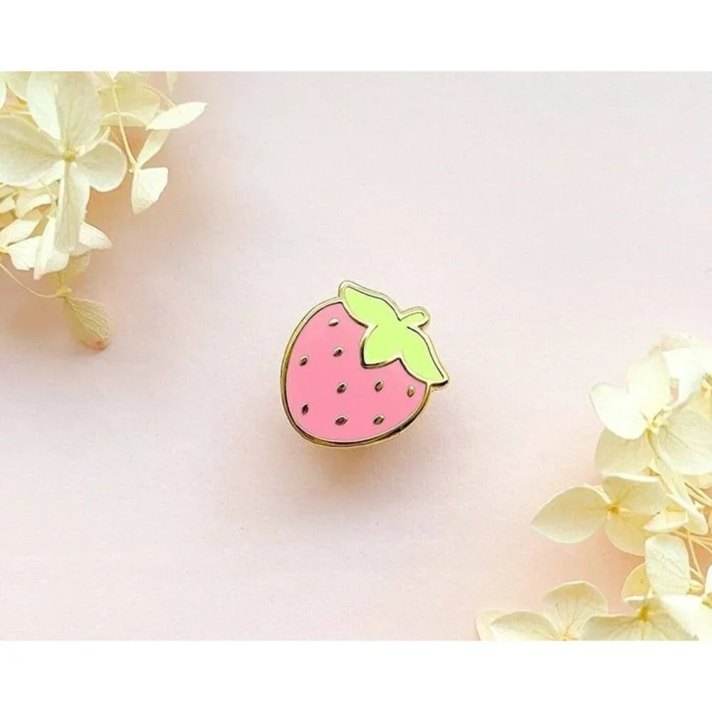 Mini Cute Strawberry Enamel Pin -‎ Gold Plated Food Lapel - Kawaii Jewelry